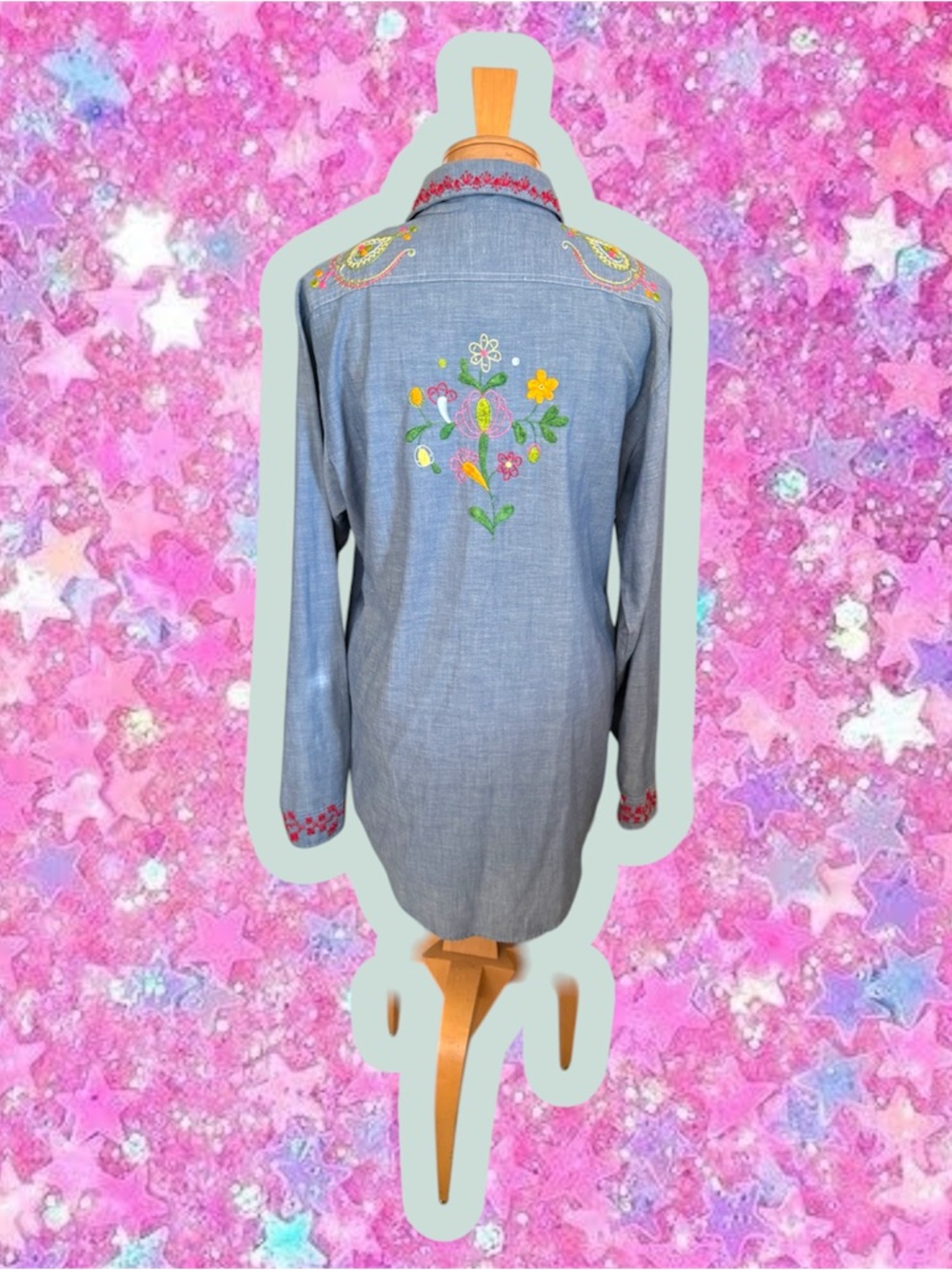 Big Mac JCPenney vintage 1970s chambray hand embroidered shirt men’s XL 70s 60s - Picture 5 of 17